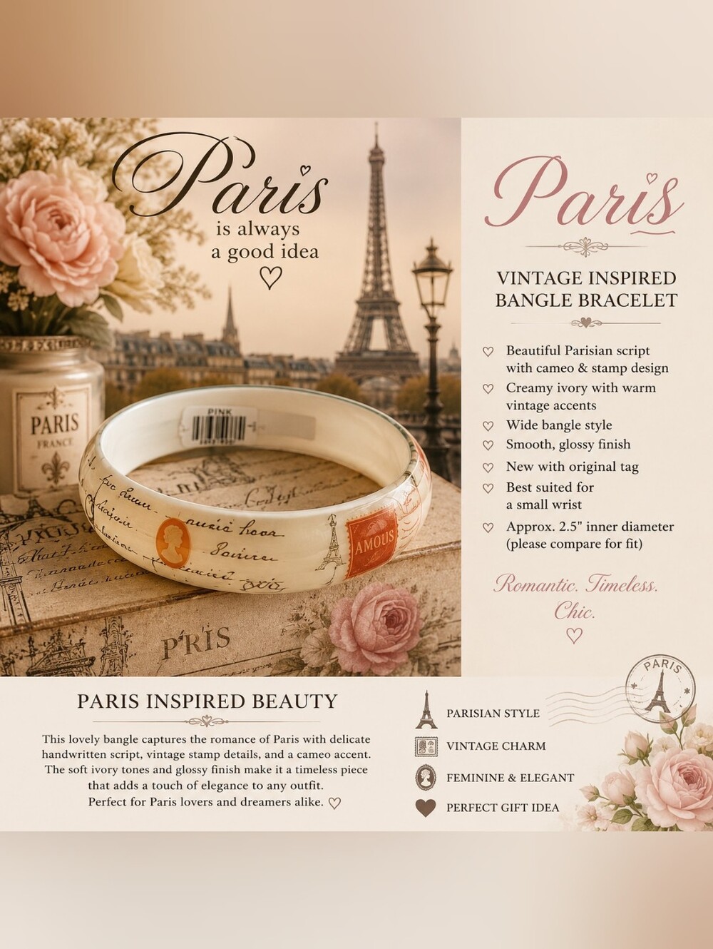 Vintage-Inspired Paris Bangle Bracelet in Creamy Ivory
